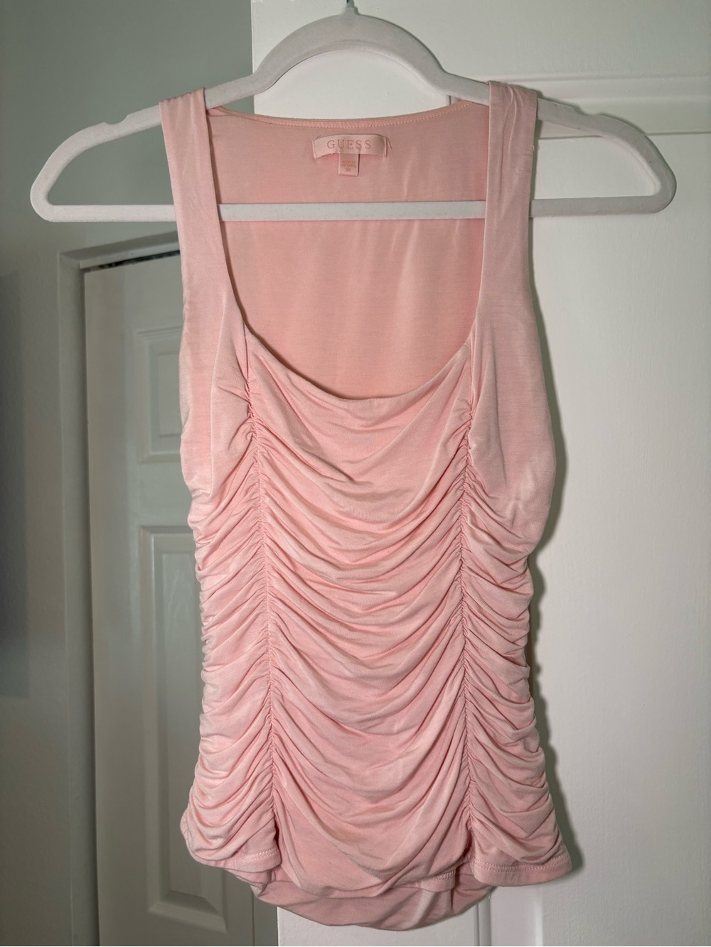 GUESS Baby Pink Ruched Tank Top Y2K Sleeveless Fitted Going Out Coquette XS
